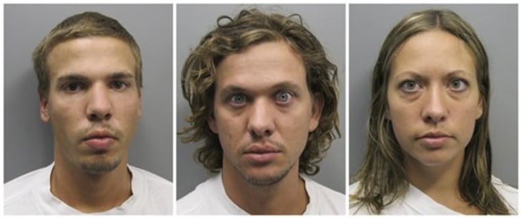 From left, Ryan Edward Dougherty, 21, Dylan Dougherty Stanley, 26, and Lee Grace Dougherty, 29 following their arrest in Colorado.
